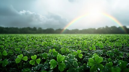 Field of clovers with a vibrant rainbow arching across the sky in the background during a sunny day