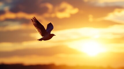 Fototapeta premium Bird in Flight Silhouette Against a Vibrant Sunset Sky and Warm Colors : Generative AI