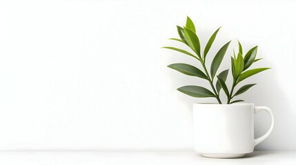 Fototapeta premium Green Plant Sprout in White Mug on White Background
