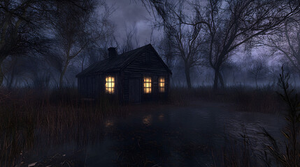 A forgotten shack in the middle of a dark swamp. The windows are broken, and strange lights flicker inside. A cold, eerie breeze stirs the branches of the surrounding trees.