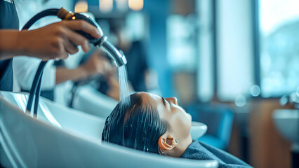 Hairstylist gently rinses salon client hair ensuring pampered atmosphere brand impression and hygienic grooming approach tied to personal flair concept as A modern parlour captures refreshing hair car