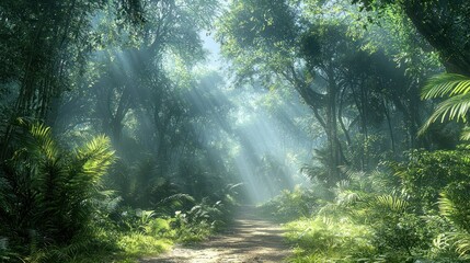 Obraz premium Sunlight streams through jungle path