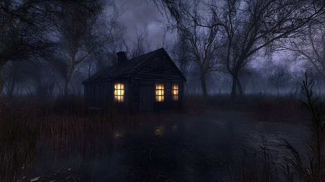 A forgotten shack in the middle of a dark swamp. The windows are broken, and strange lights flicker inside. A cold, eerie breeze stirs the branches of the surrounding trees.