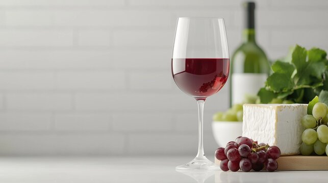 A glass of wine and a bunch of grapes with cheese on the table.