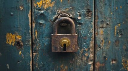 A rusty padlock hangs on a weathered, peeling blue door, embodying mystery and the passage of time.