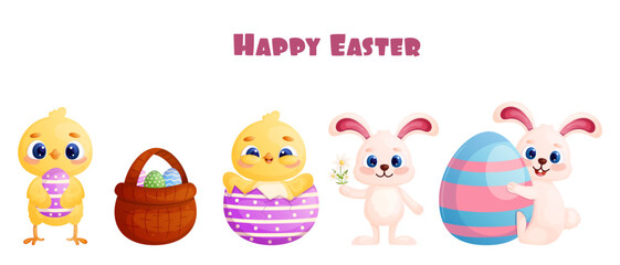 happy easter greeting banner with chicken, rabbit and Easter eggs in basket
