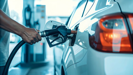 Man Handling Gasoline Fuel Nozzle to Refuel White Car at Petrol Station - Transportation and Ownership Concept with Empty Space for Stock Photo Use