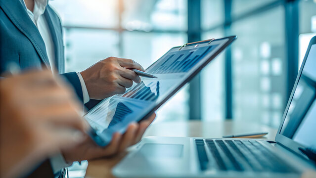 Cost quality control business strategy manager checks digital tablet tracking lower overhead higher standards fuels effective outcome fosters brand advantage concept as Executive inspects cost saving 