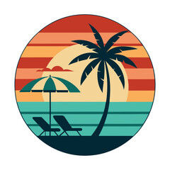 Retro Tropical Beach Scene with Palm Tree, Chair, and Sunset Stripes