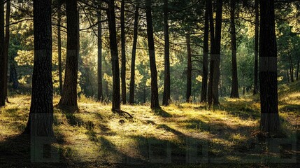 Obraz premium a serene background of a pine forest with tall trees and dappled sunlight.