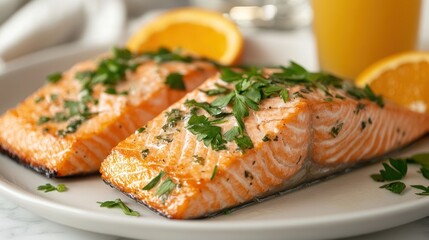 Delicious baked salmon garnished with fresh herbs alongside orange slice