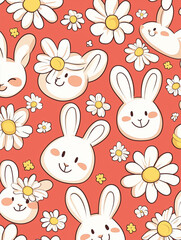 Cute Bunny and Floral Seamless Pattern - AI Generated