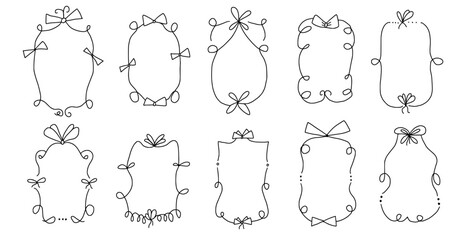 Doodle coquette frames with bows. Vintage scribble line wavy border with ribbons set. Vector cute curly rectangle and oval template for holiday menu. Minimalistic black cadre birthday hand drawn.