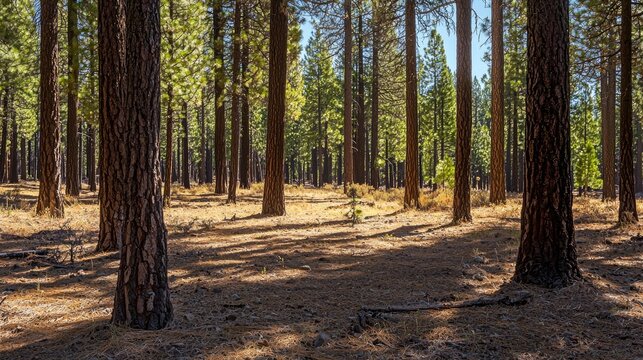 a serene background of a pine forest with tall trees and dappled sunlight. - Powered by Adobe
