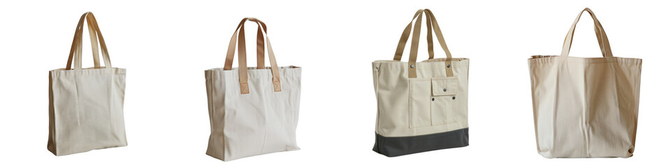 Naklejka premium Four Unique Canvas Tote Bags Isolated on White Background Perfect for Fashion, Shopping, and Everyday Use