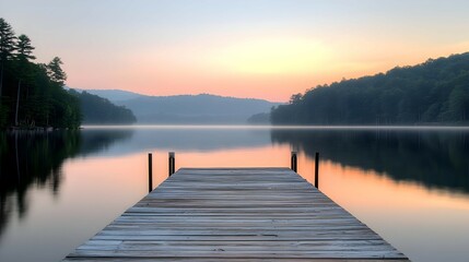 Serene Sunrise Over Calm Lake With Wooden Dock