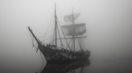 Obraz premium A ghostly ship floating in the fog, its sails tattered and torn. The ship drifts aimlessly, and faint voices can be heard coming from below deck.