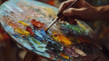 Fototapeta premium A colorful artist's palette smeared with vibrant paints, brimming with creativity and inspiration in the midst of artistic creation.