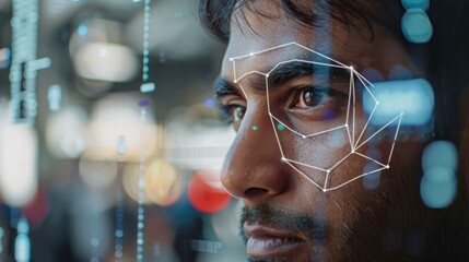 A close up view of a man's face shows facial recognition technology analyzing features with digital patterns overlaying in a bustling tech setting during the day.