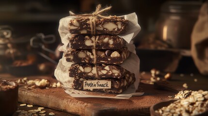 Homemade protein bars featuring macadamia nuts, chocolate chips, and oats, neatly stacked on baking paper and secured with twine, offering nutritious snacking option
