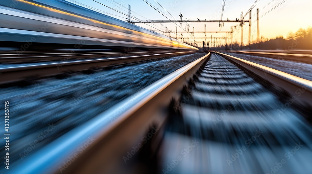 Aufkleber dynamic motion blur of high speed train on rail tracks during sunset in urban environment : generati