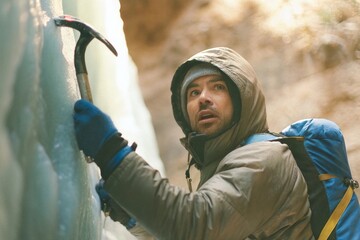Ice climbing action portrait of a male nepalese guide in stunning himalayan environment captured from a dynamic viewpoint for adventure enthusiasts