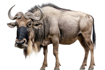 A rugged wildebeest with curved horns, a shaggy mane, and a dirt-streaked coat stands against a white background.