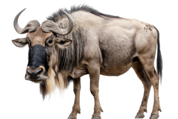 A rugged wildebeest with curved horns, a shaggy mane, and a dirt-streaked coat stands against a white background.