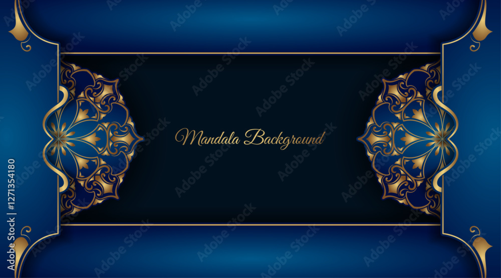 Wall mural Luxury blue background with golden mandala ornament