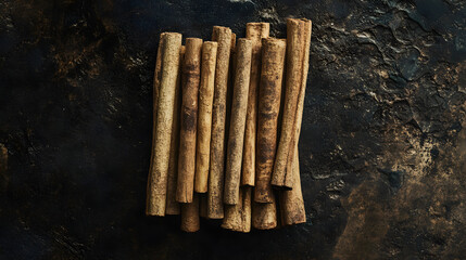 A group of whole cinnamon sticks on a dark surface, emphasizing their unique shape and texture.