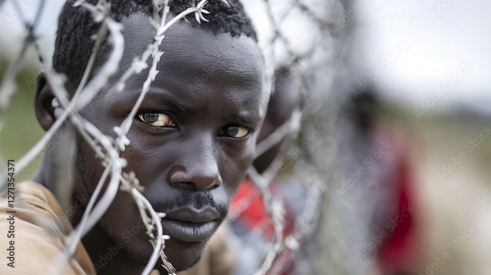 Aufkleber portrait of a young man looking through barbed wire with intensity and resilience : generative ai