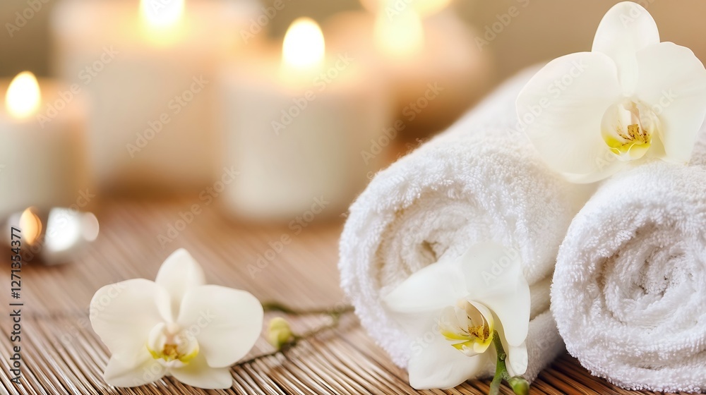 Aufkleber Beautiful spa setting with rolled white towels candles and white orchids for relaxation : Generative AI