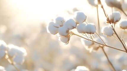 Macro shot of fluffy cotton plants against a soft golden background highlighting nature's beauty : Generative AI