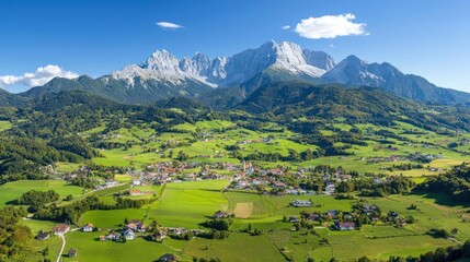 Picturesque Alpine Village Nestled in a Lush Green Valley with Snow-Capped Mountains