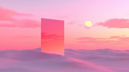 Surreal landscape with reflective mirror in pink desert at sunset