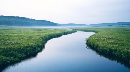 A serene river meanders through lush green fields under a pale sky, epitomizing peaceful rural beauty and endless horizons.