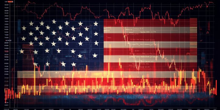 American Flag with Financial Market Data Overlay, Digital Painting, Vibrant Colors, Smooth Vector