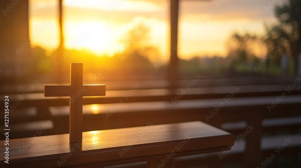 Poster serene rural setting with a wooden cross and golden sunrise creating a tranquil atmosphere in nature