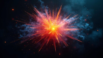 Abstract explosion of colorful particles radiating outwards with motion blur effects, set against a dark background for high contrast and energy