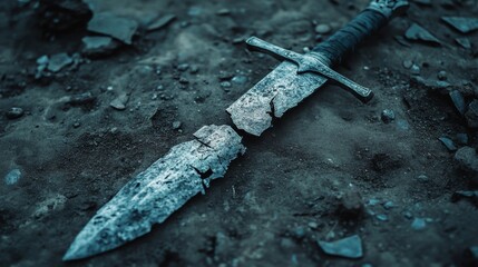 A weathered sword lies broken on dusty ground, telling silent tales of battles, history, and lost glory under a blue-tinted light.