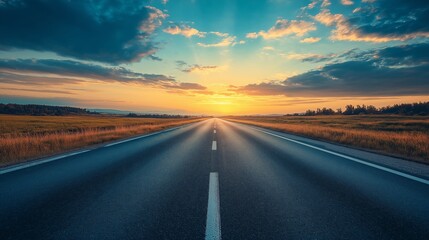 Open road stretching towards sunset in a tranquil landscape