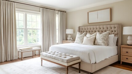 A serene luxury bedroom with a neutral palette, large bed, and designer curtains