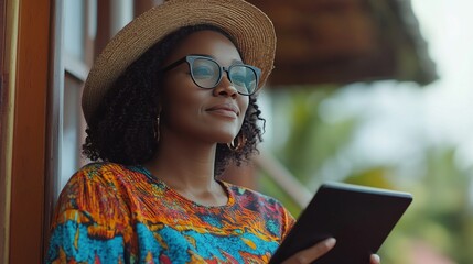 Young black woman wearing straw hat and eyeglasses holding tablet and looking away