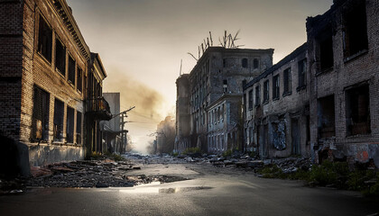 Obraz premium Post apocalyptic ruined city scape. Abandoned town with old broken buildings. Disaster, catastrophe