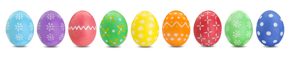 Easter eggs in different colors decorated with patterns isolated on white, set