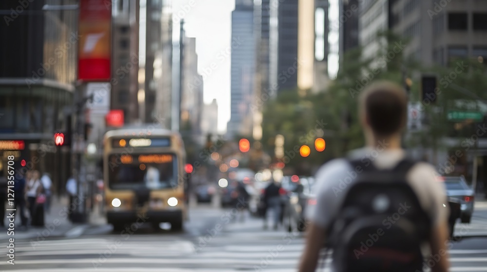 Poster distant view of a person waiting on a busy city street as vehicles pass by in the background : gener