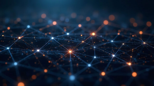 Abstract digital mesh grid with interconnected nodes glowing softly, network pattern on a dark, futuristic background