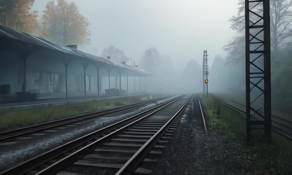Foggy Train Station with Abandoned Tracks and Green Signal Light with ai generated.