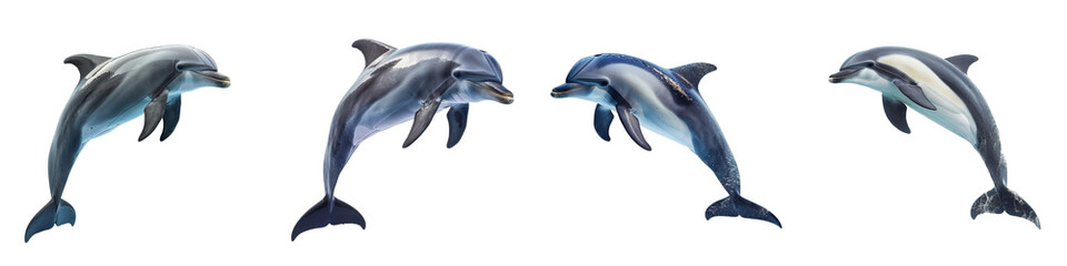 Fototapeta premium Playful Dolphin Swimming Isolated on White Background in Dynamic Poses Perfect for Creative Projects and Design