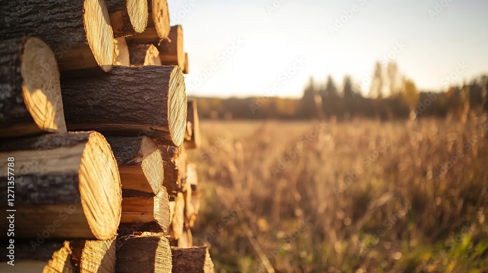 Poster stacked logs in golden hour sun with blurred natural background creating warm rustic vibe : generati